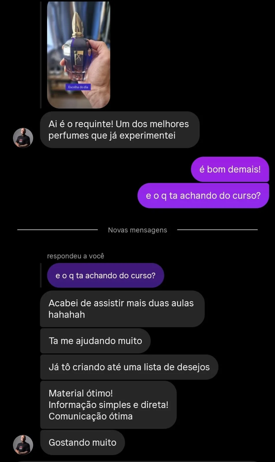 Depoimento de aluno, print de conversa