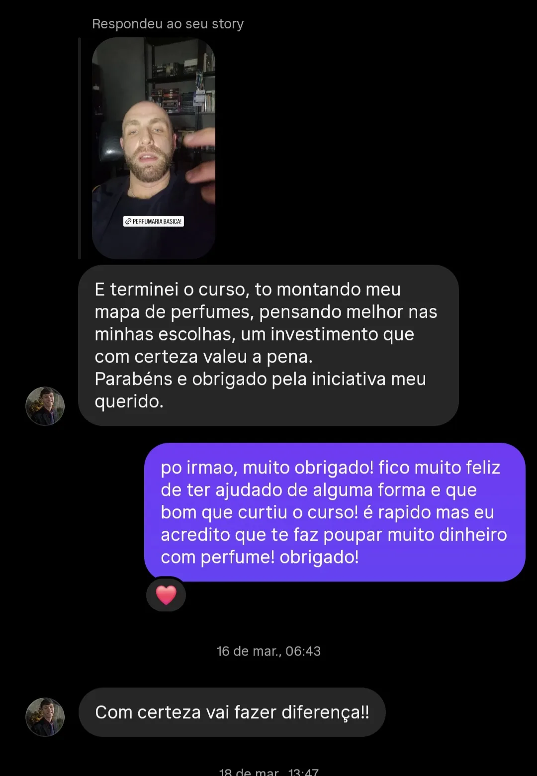 Depoimento de aluno, print de conversa