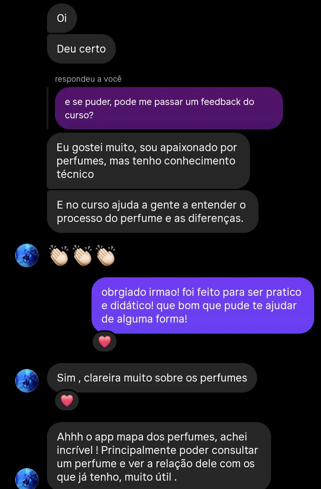 Depoimento de aluno, print de conversa