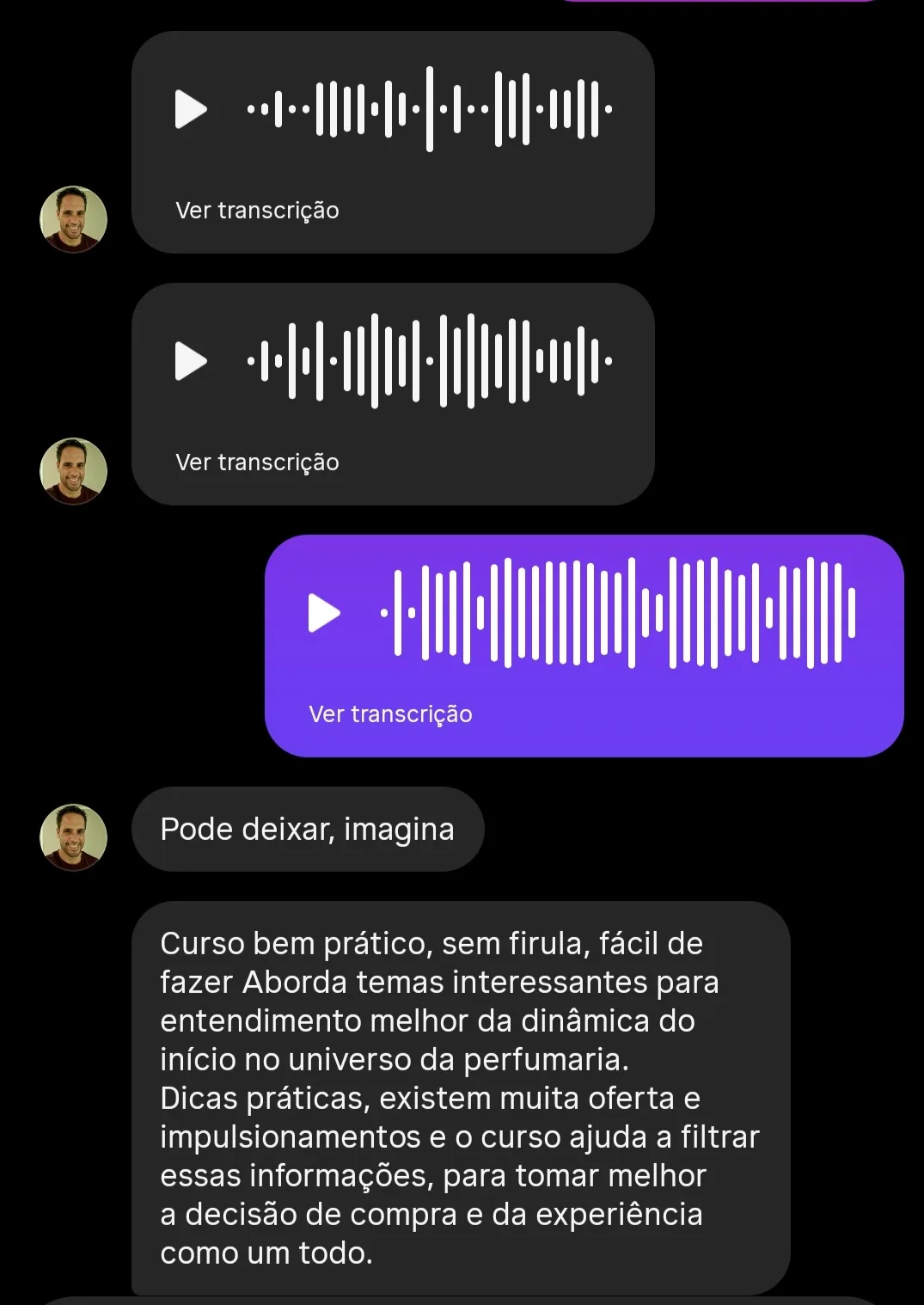 Depoimento de aluno, print de conversa
