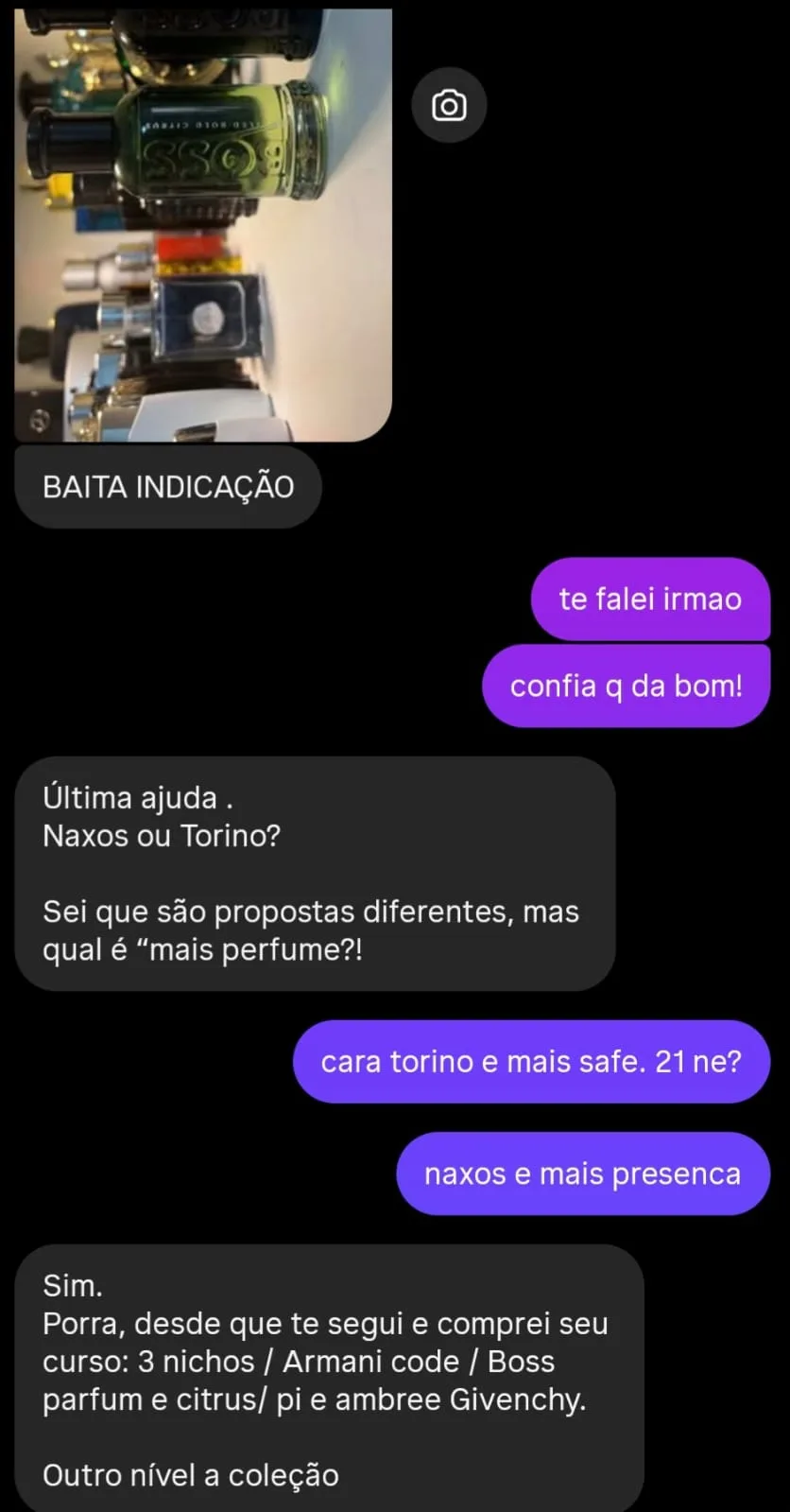 Depoimento de aluno, print de conversa
